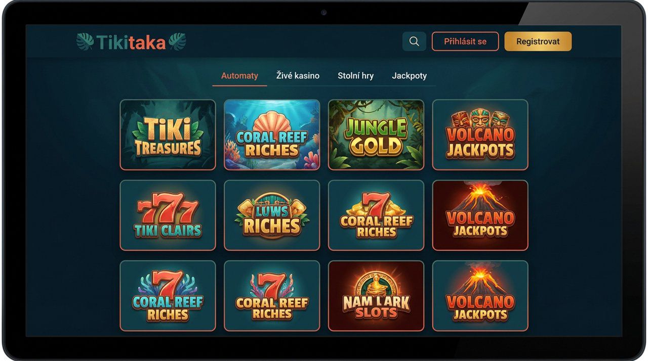 Úvodní stránka online casina Tikitaka s nabídkou automatů, živého kasina a stolních her