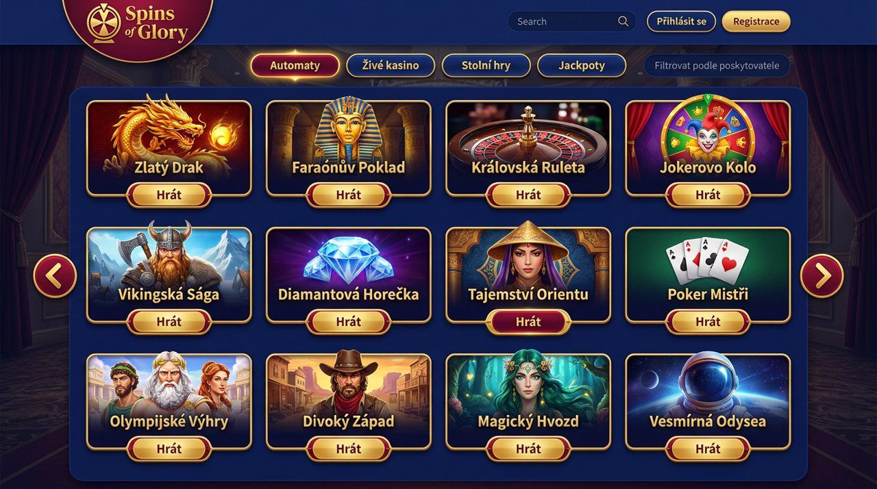 Úvodní stránka online casina Spins of Glory s nabídkou automatů a živého kasina