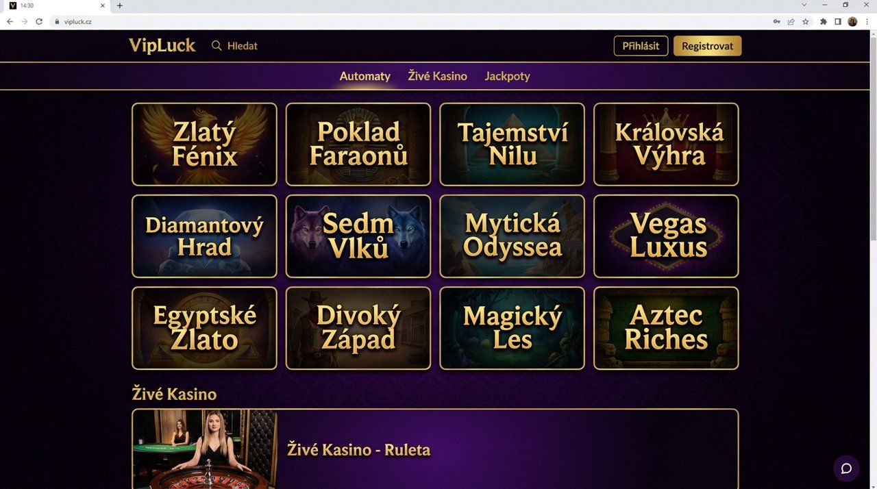 Úvodní stránka online casina VIPLuck s kategoriemi automatů, živého kasina a jackpotů