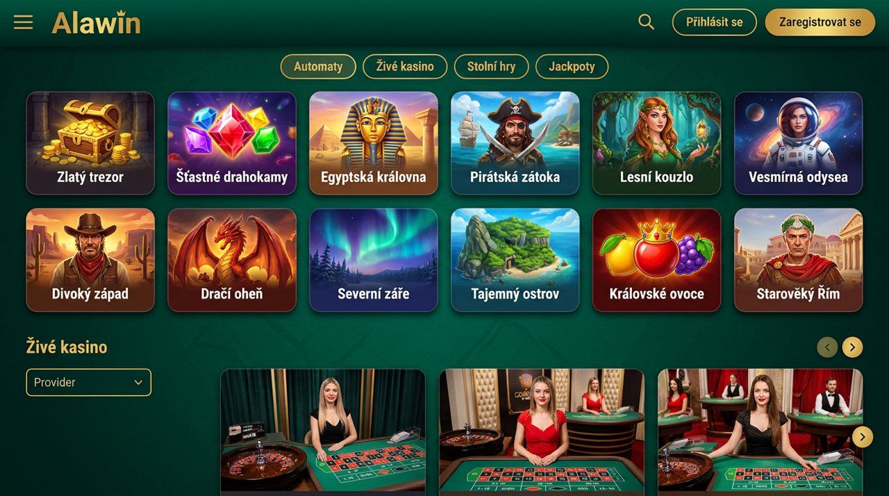 Úvodní stránka online casina Alawin s nabídkou automatů a živého kasina