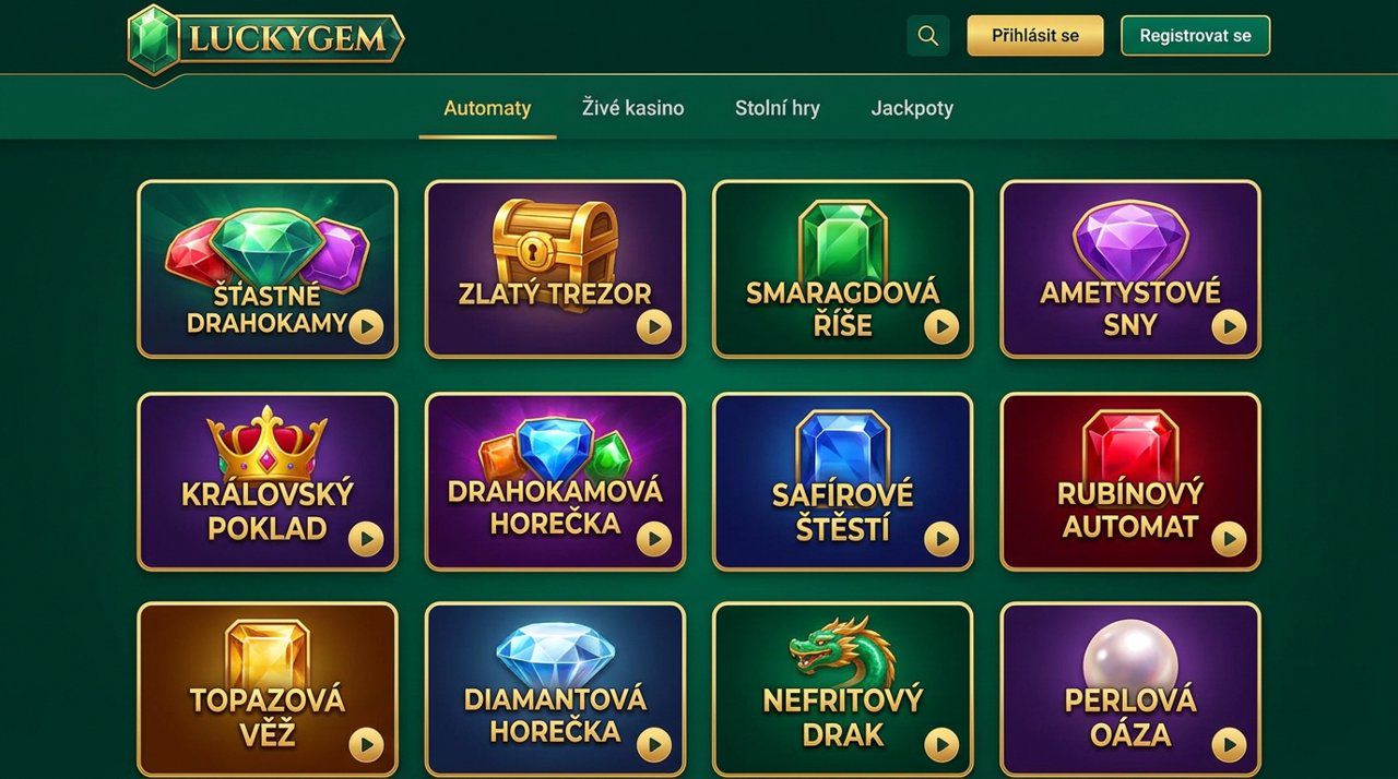 Úvodní stránka online casina Luckygem s nabídkou automatů a živého kasina