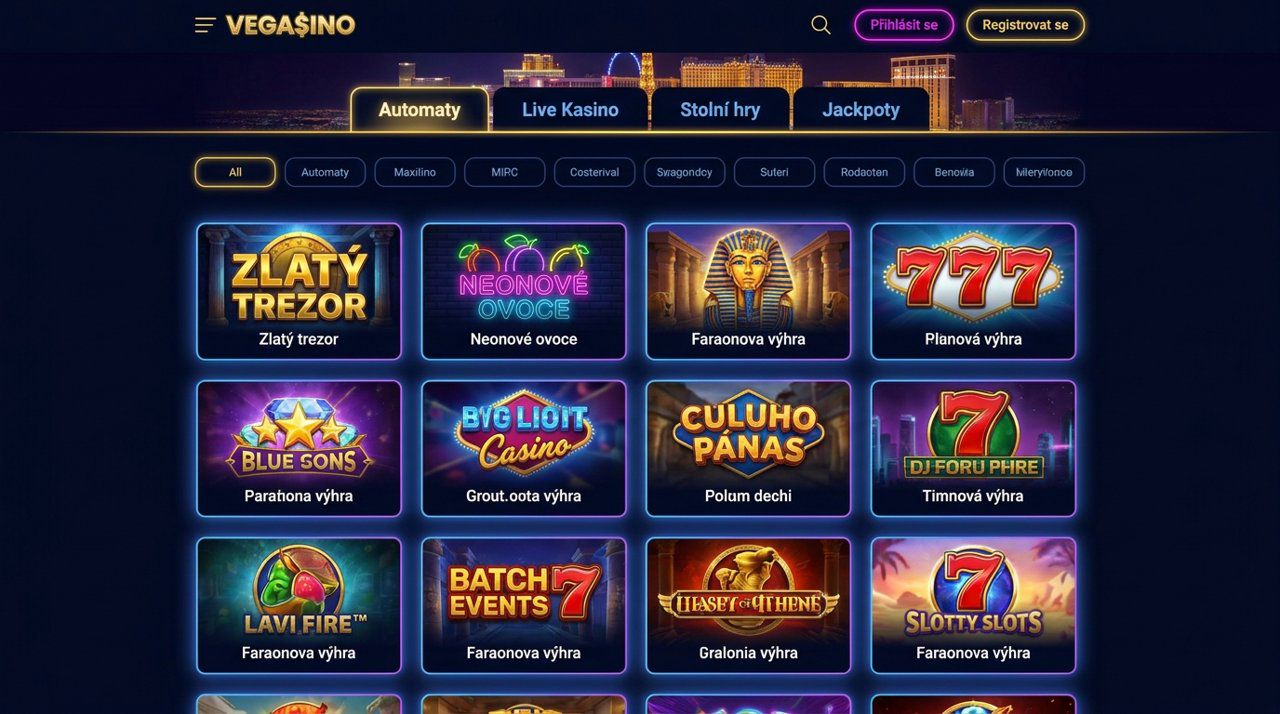 Úvodní stránka online casina Vegasino s nabídkou automatů a kategoriemi her