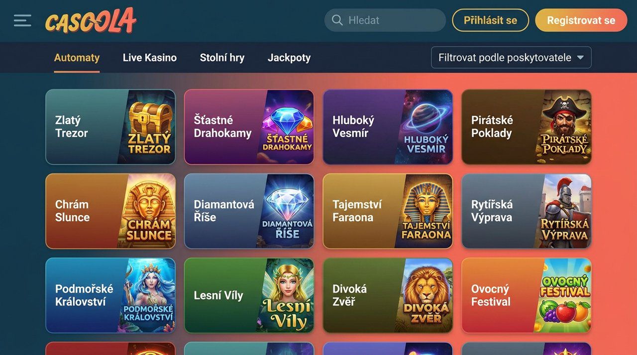 Úvodní stránka online casina Casoola s nabídkou automatů, živého kasina a jackpotů
